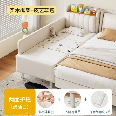 CraftedLiving SG-White Kids Splicing Bed with Storage Solid Wood Bedside Extension with Safety Guardrail