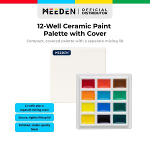 MEEDEN 12-Well Ceramic Paint Palette with Cover - Compact Porcelain Mixing Tray for Painting Travel-Friendly Secure Lid