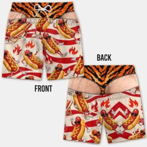 Summer Men Funny Cartoon Hot Dog 3D Print Board Shorts Quick‑Dry Drawstring Trunks Fun Yellow Duck Novelty Prank Short Pants