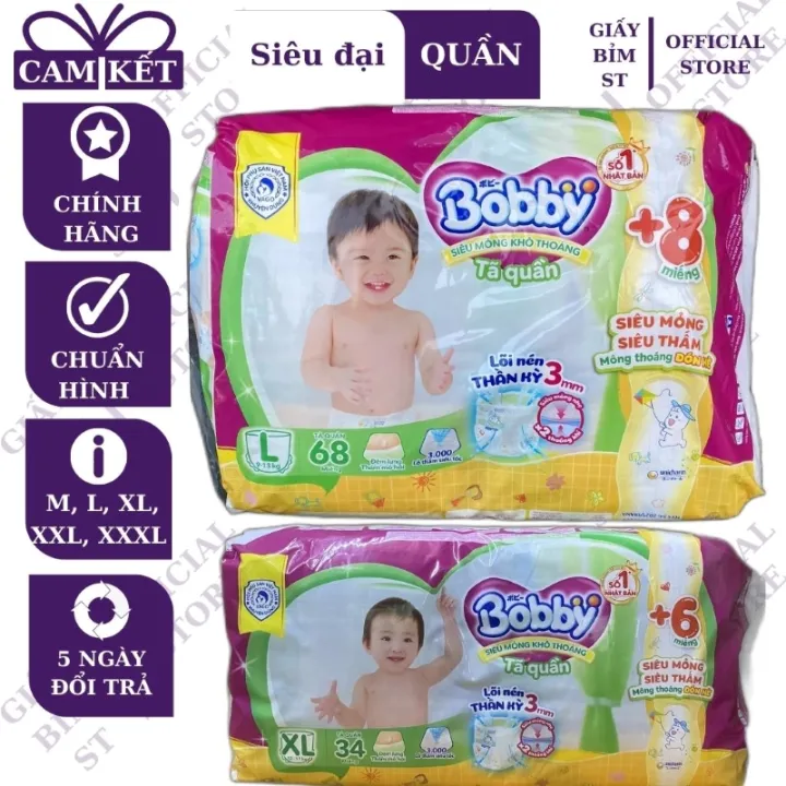 Bỉm quần, tã quần Bobby gói trung, đại, siêu đại đủ size M76, L68, XL62, XXL56, XXXL24 thấm hút, chống hăm