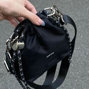 DYJKOUG Nylon Black Drawstring Bucket Bag Luxury Portable INS Shoulder Bag Simple Korean Style Fashion Crossbody Bags Girls