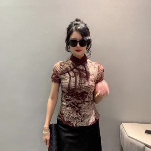 Ammin 2024 Mùa Hè Mới Cổ Điển Nút Nhà Máy Thời Trang in hoa áo sơ mi ngắn tay Phụ Nữ Mới Của Trung Quốc Đứng Cổ Áo kích thước lớn Áo Blouse thanh lịch