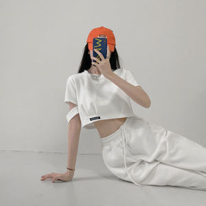 IELGY Áo Tay Ngắn Áo Thun Hở Rốn Cạp Cao Ngắn Mùa Hè Cho Nữ