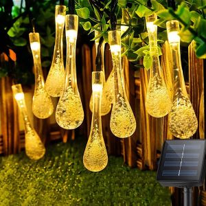 water droplet solar string lights Outdoor Solar String Lights 16 Feet 20 Led / 21 Feet 30 Led / 23 Feet 50 Led Solar Powered Lights with 2 Modes Waterproof Fairy Crystal Lights for Patio Garden Yard Tree Wedding Party Decor (Warm White / colorful)