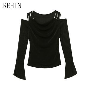 REHIN Autumn New Stylish Hollow Mesh Rhinestone Long Sleeve T-shirt Off ths Shoulder Trendy Womens Top