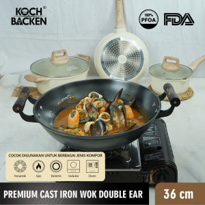 KOCH&BACKEN Premium Cast Iron Wok Nitriding Round Bottom 36cm - Wajan Kuali Penggorengan Anti Lengket