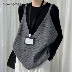 TWOTWINSTYLE Solid Spliced Pocket Basics Retro Vest Female V Neck Sleeveless Loose Casual Lazy Womens Vests Autumn Fashion New2026