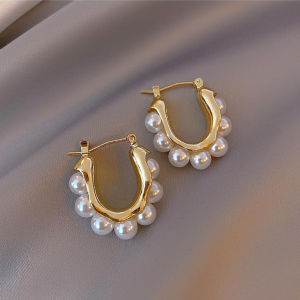 Frascati Luxury Gold Color Pearls U Shape Geometric Ear Buckle Hollow Thick Hoop Earrings for Women Elegant Minimalist Earrings