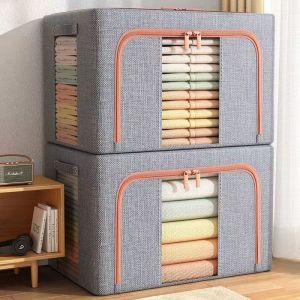 120L Foldable clothes storage bag 3 layer hanging storage covered storage box organizer foldable cotton linen storage box with steel frame