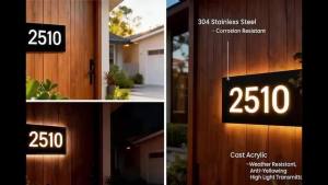LED Backlit House Number Sign Address Plaque Custom Modern Solar Illuminated House Sign Modern Metal Acrylic Address Sign