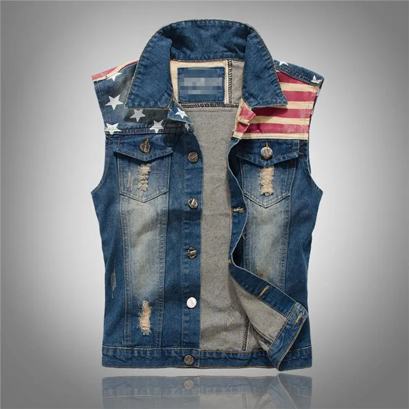 Men Denim Vest Pleated Design Denim Jacket Star Print Sleeveless