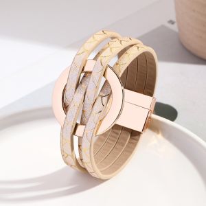 FWFHTP Có thể điều chỉnh Vòng tay da họa tiết da báo Khóa từ tính Bohemian Vòng tay nhiều lớp Thời trang Quấn rộng Vòng tay hình chữ thập tròn dành cho phụ nữ