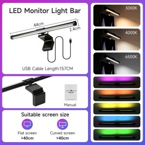 CANMEIJIA Monitor Light Bar Screen Curved Hanging Lights LED Desk Lamp Computer Table Reading Lamp Eye-Care Stepless Dimming RGB Screen Light PC Laptop Hanging Lamps for Home Office School Game