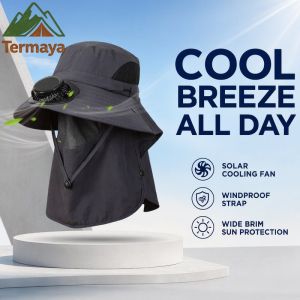 Termaya Solar Fan Sun Hat Wide Brim Face Neck Cover Breathable Mesh UV Protection Outdoor Fishing