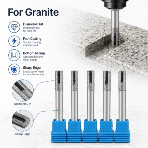6-16mm Flat End Sintered Stone Tools with Groove Diamond CNC Router Bit Engraving Cutter Slotting Bottom Milling Cutting Granite