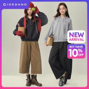 GIORDANO Women Hoodies Cat Applique Reversible Gingham Hoodies Half Button Placket Fashionable Casual Relaxed Hoodies 18326835