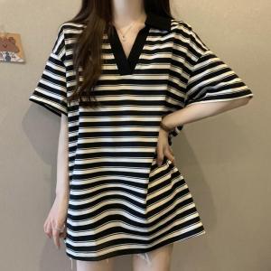 Lemak kakak 150kg t-shirt longgar besar berjalur Polo leher pendek lengan wanita atas