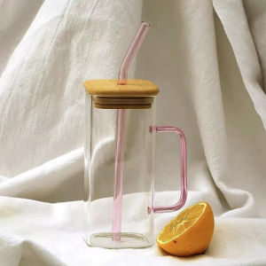 Moda 400ml Creative Square Borosilicate Glass Cup with Colored Handle and Bamboo lid & Glass Straw Juice/Coffee/Tea Cups