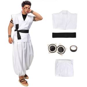 DAZCOS Ryomen Sukuna Costume White Kung Fu Suit with Tattoo Stickers Ryomen Sukuna as Megumi Showdown Cosplay Costume Full Set