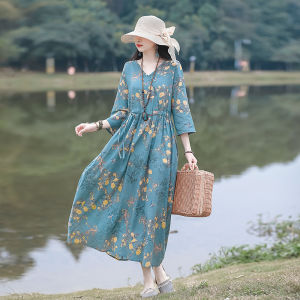 DSF Studio 2026 summer new middle-aged mother retro literary printing cotton and linen waist dress loose pendulum long dress women