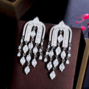 SEQUITO Exquisite Pave Sparkling AAAAA Cubic Zircon Crystal Sliver Plated U Shape Chandelier Dangle Drop Long Tassel Earring Bridal Wedding Jewelry SE642
