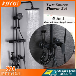 KOYOT 304 Stainless Steel Bathroom 4 in 1 Square Shower Set with Rainfall Shower Head High Pressure Toilet Bidet Sprayer Storage Shelf Telephone Shower Head Four Way Wall Mounted Height adjustable 360 ° rotation Cold and Hot Water Saving Shower Set