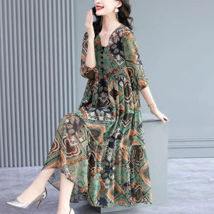 DSF Studio fashion temperament middle-aged and elderly womens clothing summer new large size loose and thin retro printed short-sleeved dress