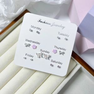 7pairs/set Fashion Korean Idol Imitation Pearl Zirconia Butterfly Earrings Set Pink Jewelry for Girls Gift