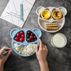 Baby Wheat Training Plate Baby Dinnerware Anti-hot Plate Cartoon Bear Bowl Spoon Fork Feeding Tableware Set