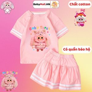 Bộ áo váy có quần bảo hộ hình Baby Three cho bé gái BABYMALL set bộ áo phông chân váy chất cotton