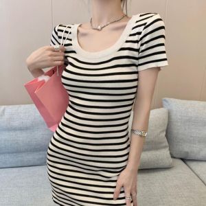 Womens Knitted Short Sleeve Top Skirt Summer T-Shirts Dress Stripe Round-neck Summer Skirt Plus Size