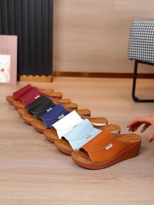 【Free Shipping】Womens large size casual slip-on wedge heel thick-soled hollow-out sandals with stitched bow detail