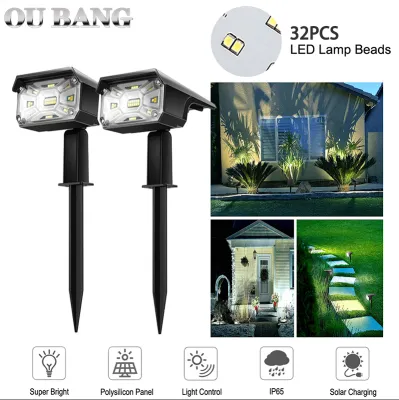 OU BANG 32 LEDs Solar Landscape Spotlight IP65 Waterproof Solar Powered Wall Light 2 in 1 Wireless Outdoor Solar Landscape Light for Courtyard Garden Sriveway Corridor Pool Terrace 2 Packs Cool White/Warm Light