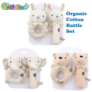 KiddoZone 2PCS Baby Rattle Kids Organic Cotton Soft Extrusion Rattle Cute Animal Appease Hand Rattle Plush Hand Holding Bell Toy BB Sound Educational Toys for 0-3 Year Boy Girls Baby