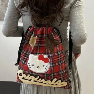 LEIFNYDI หวานหวานแหววว กระเป๋าเป้สะพายหลังคิตตี้ Y2K ลายสก๊อต ความจุสูงมาก กระเป๋าสะพายไหล่แบบสั้น แฟชั่นสำหรับผู้หญิง กระเป๋าโรงเรียนกระเป๋า กระเป๋าหูรูดรูปคิตตี้ สาวๆ
