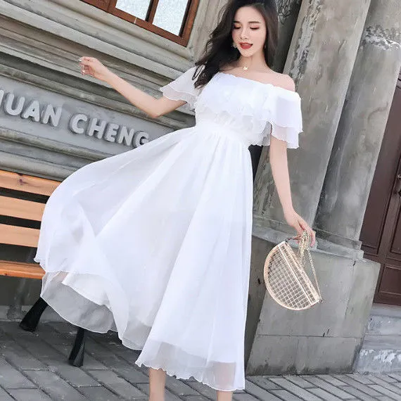 Women's Summer Beach Style Chiffon White Long Dress Lady Graceful