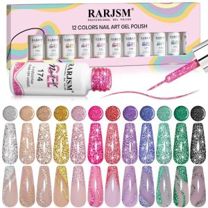 RARJSM Reflective Glitter Nail Art Gel Liner Flash Diamond Painted Gel 12 Colors 5ml Sparkle Silver Brown Hot Pink Green Black Pigment UV LED Soak off Curing Requires for Nail Design