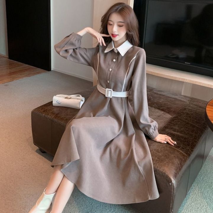 Long Sleeved|korean V-neck Knitted Midi Dress - Winter Slim Fit Buttoned  Sweater