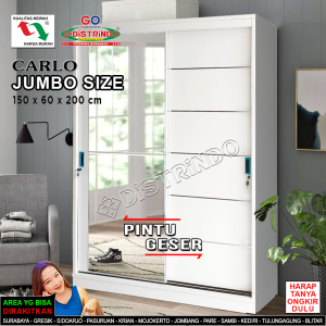 Lemari Sliding 2 Pintu Putih Stylish Kualitas Premium Ukuran Jumbo Lebar 150cm Tinggi 2m Cermin Besar