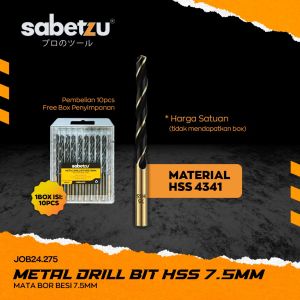 Mata Bor Besi 7.5MM HSS Material 4341 Titanium Coat 75mm - HSS Twist Drill Bits Size 7.5 MM Mata Bor Besi Kayu Aluminium PVC Plastik Akrilik Papan Acrylic Metal Besi Wood Plastic Steel Hitam Black Mata Bor Satuan JOB24.275 SABETZU