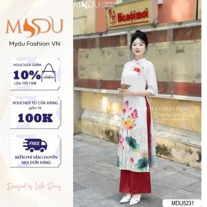 Áo Dài MDU5231 Lụa Cao Cấp Trắng Tinh Khôi Họa Tiết Sen Hồng Cờ Đỏ Sao Vàng Trang Trọng Từ MDU