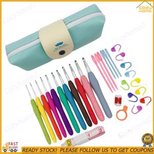 [CY] Crochet Hooks Set Blunt Knitting Needles with Case Colorful Crochet Hooks Kit Ergonomic Handle 11 Sizes for Mom Grandma Gifts