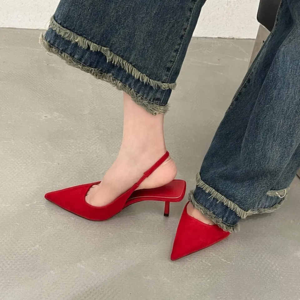 2023 Spring and Summer Red New Style Suede Low-Cut High Heels Women's  One-Strap Back Empty Pointed-Toe Frosted Stiletto Heel Pumps
