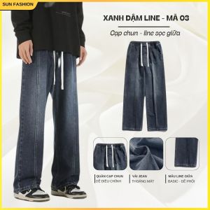 Quần jean quần bò nam nữ cạp chun phối line SUN 03 MÀU XANH form ống rộng phối đồ theo phong cách hàn quốc