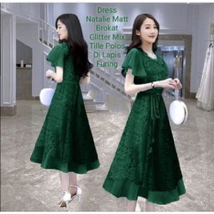 Dress Wanita Midi Model Terbaru Matt Brokat/Dress Natalie Size L-XL/Dress PestaAcara Natalan Wanita