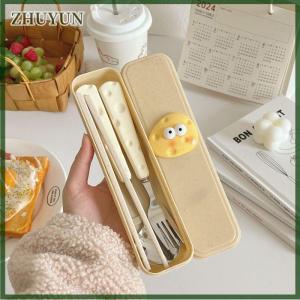 ZHUYUN Stainless Steel Cute Cheese Spoon Fork Wheat Chopsticks Three-piece Set Student Children Portable Tableware Storage Box Set
