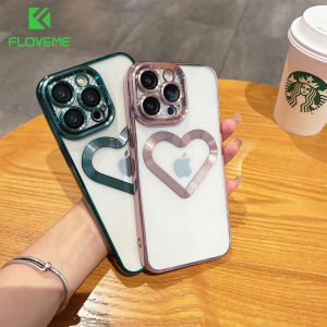 FLOVEME Plating Love Heart Clear Phone Case For iPhone 15 14 13 12 Pro Max With Lens Film Protector All-inclusive Soft TPU Transparent Shockproof Back Cover For iphone 15 14 13 12 11