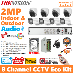 HIKVISION 2MP 8CH 8Cameras Smart Hybrid Light ColorVu Audio Eco CCTV Package Complete 8CH DIY Kit NASHANTOO 8/8CRA2 ECO-CPS+CABLE(4B4D) (with optional HDD)