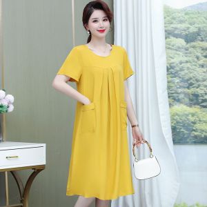 TTQQ Womens Round Neck Solid Color Double Pocket Long Dress Simple Skirt
