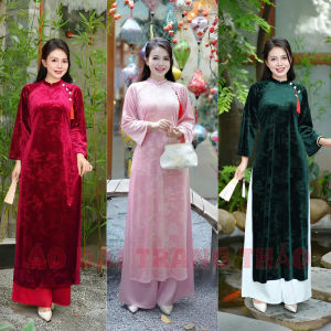 ÁO DÀI NHUNG CÁCH TÂN CHẤT LIỆU CAO CẤP TAY DÀI LOE IN HOẠ TIẾT HÌNH THÁP DÁNG XUÔNG SANG TRỌNG